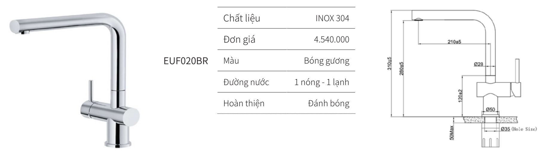 V&ograve;i rửa ch&eacute;n n&oacute;ng lạnh EUROGOLD EUF020BR