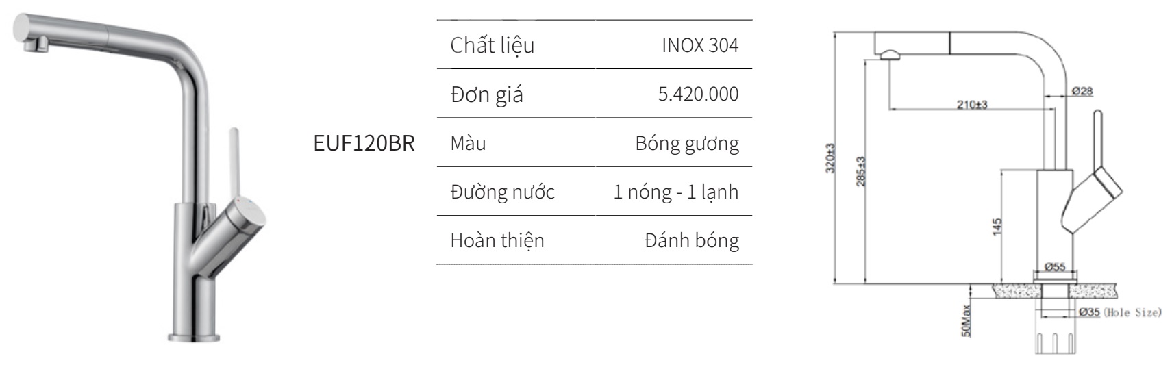 V&ograve;i rửa ch&eacute;n n&oacute;ng lạnh EUROGOLD EUF120BR