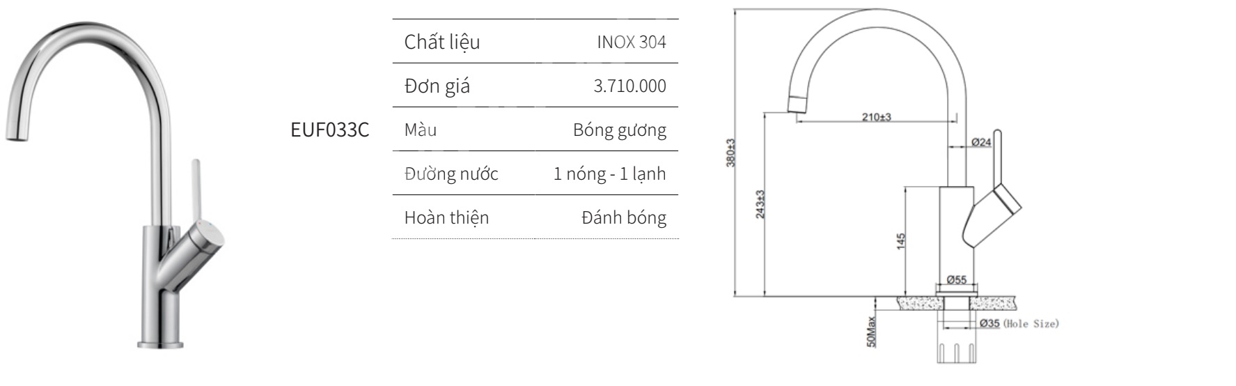 V&ograve;i rửa ch&eacute;n n&oacute;ng lạnh EUROGOLD EUF033C