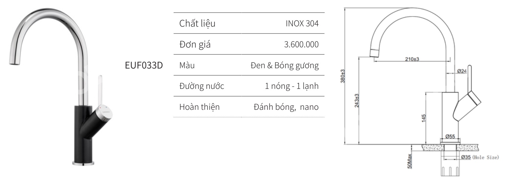 V&ograve;i rửa ch&eacute;n n&oacute;ng lạnh EUROGOLD EUF033D