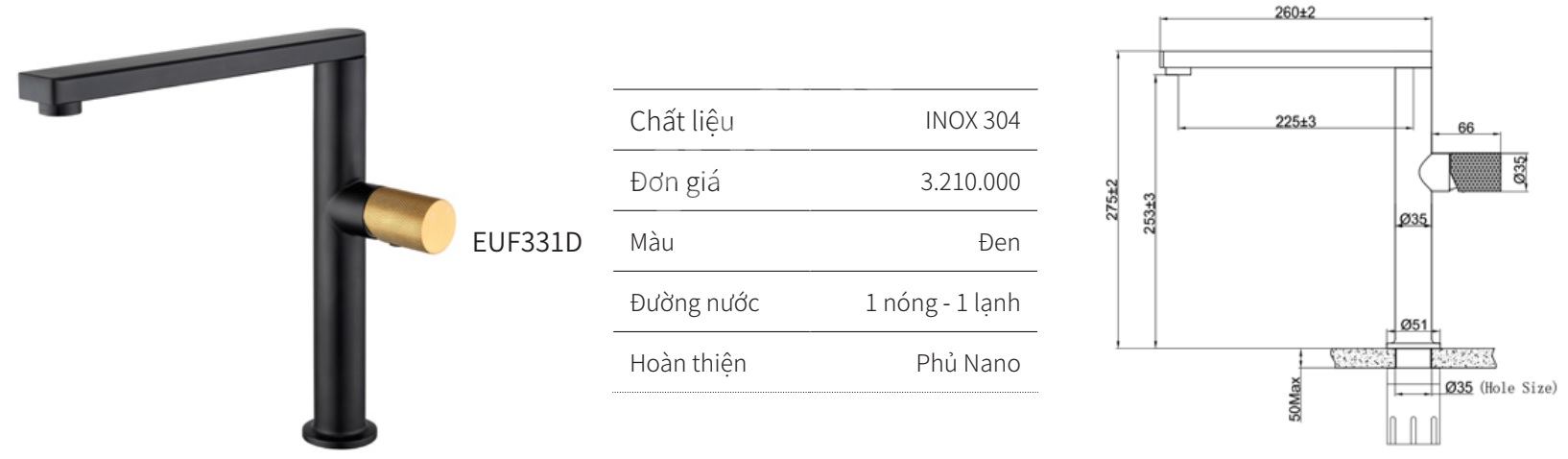 V&ograve;i rửa ch&eacute;n n&oacute;ng lạnh EUROGOLD EUF331D