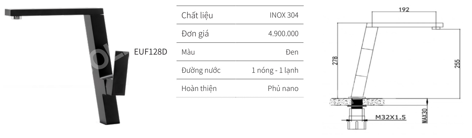 V&ograve;i rửa ch&eacute;n n&oacute;ng lạnh EUROGOLD EUF128D