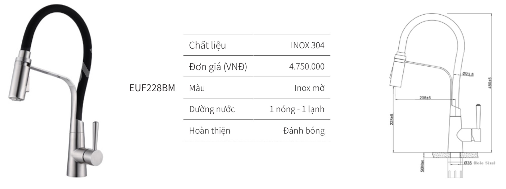 V&ograve;i rửa ch&eacute;n n&oacute;ng lạnh EUROGOLD EUF228BM