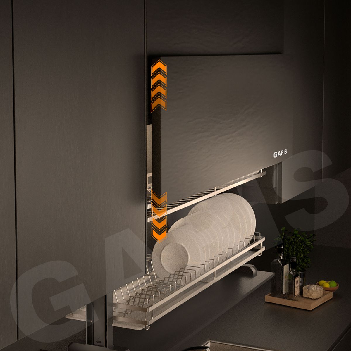 Giá bát đĩa nâng hạ điện cơ cấu cánh mở trượt lên GARIS GL06LP