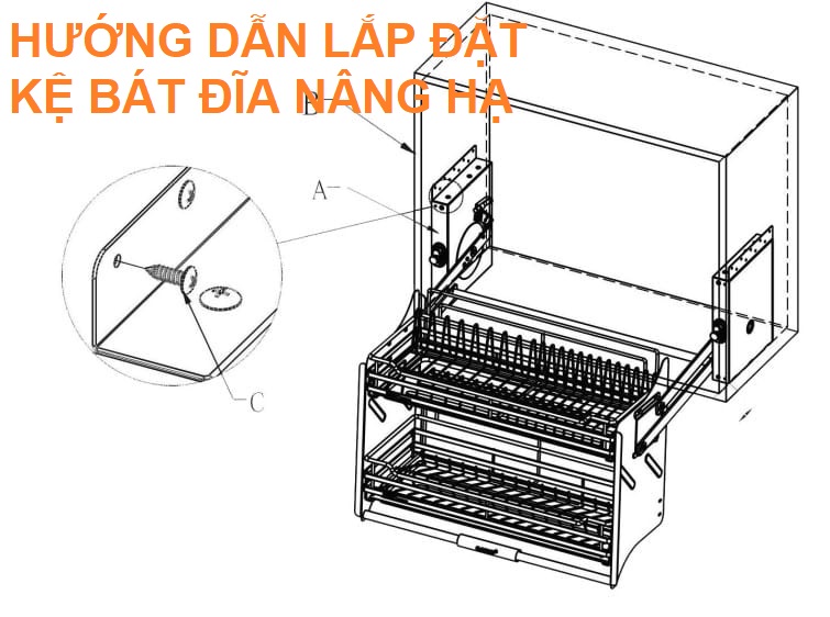 Hướng dẫn lắp đặt kệ bát đĩa nâng hạ tủ bếp trên