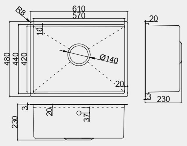 Chậu rửa bát 1 hố inox SUS304 GARIS GS11.61D Sink Series