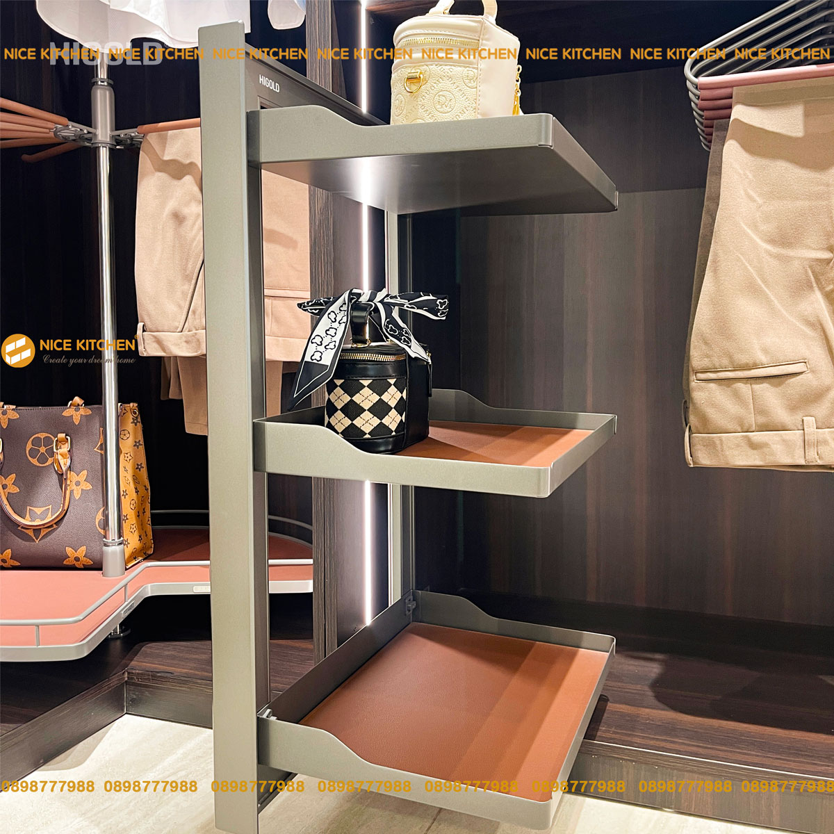 Hình ảnh sản phẩm thực tế : Kệ để đồ 3 tầng, ray giảm chấn Higold Series BV Nâu cao cấp 703573S 703574S