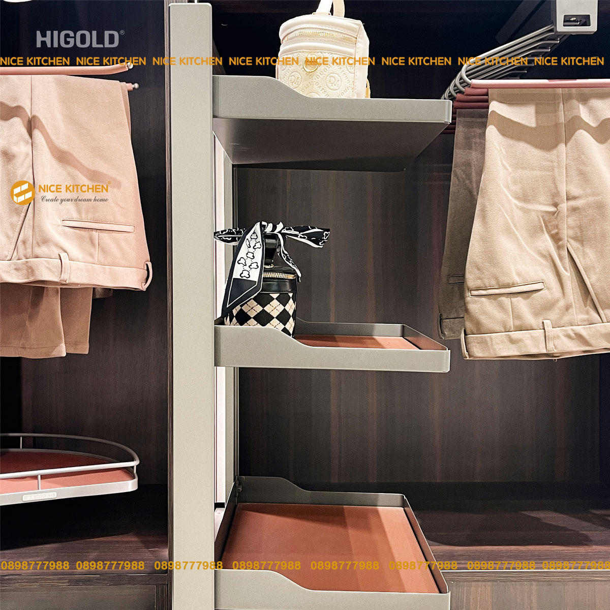 Hình ảnh sản phẩm thực tế : Kệ để đồ 3 tầng, ray giảm chấn Higold Series BV Nâu cao cấp 703573S 703574S