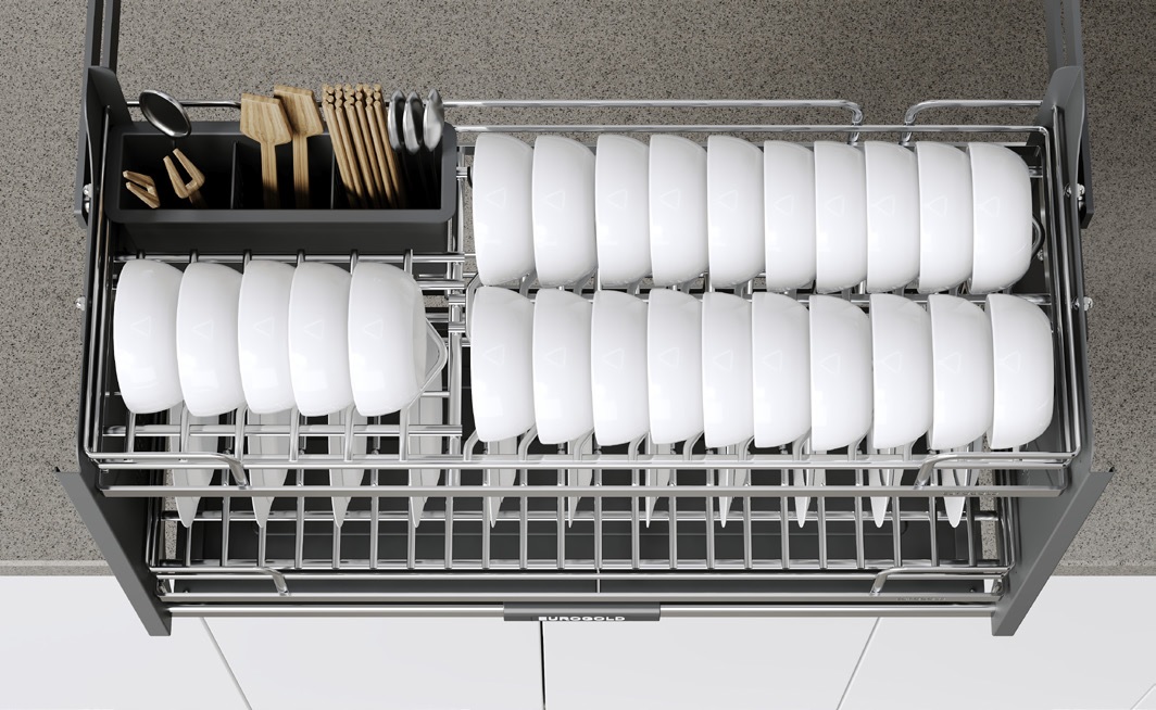 Giá bát đĩa nâng hạ EUROGOLD Inox 304 nan Oval – Lựa chọn tối ưu cho căn bếp hiện đại