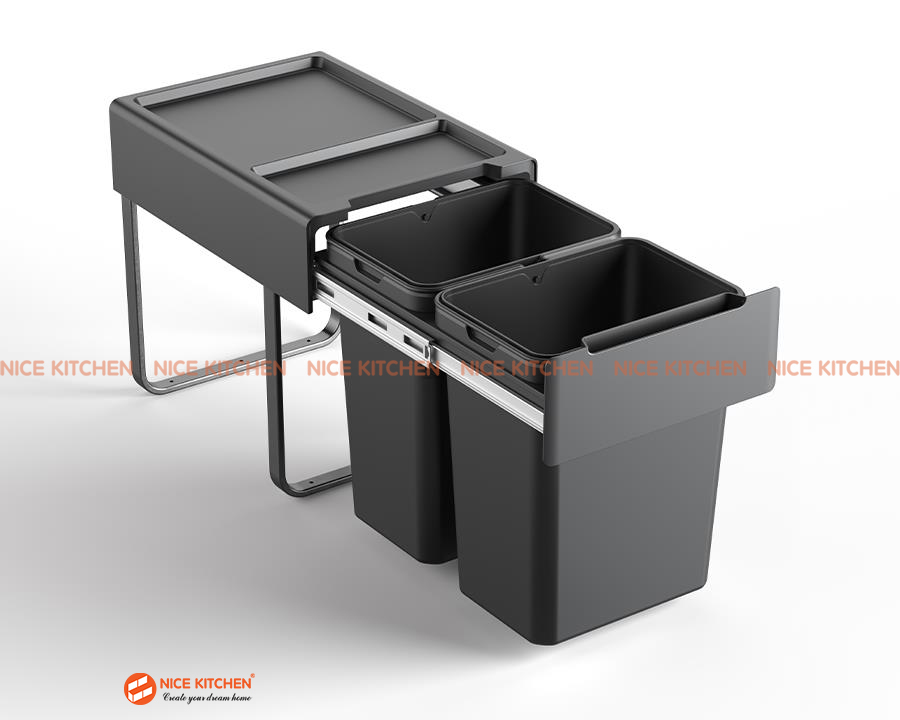 Thùng rác đôi gắn cánh âm tủ ray giảm chấn EUROGOLD EBR400