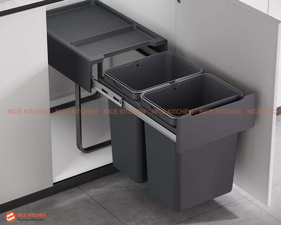 Thùng rác đôi gắn cánh âm tủ ray giảm chấn EUROGOLD EBR400