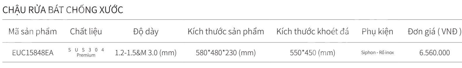 Chậu rửa bát 1 hộc inox SUS304 EUROGOLD EUC15848EA