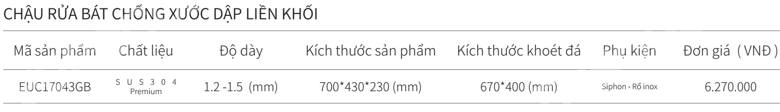 Chậu rửa bát 1 hộc inox SUS304 EUROGOLD EUC17043GB