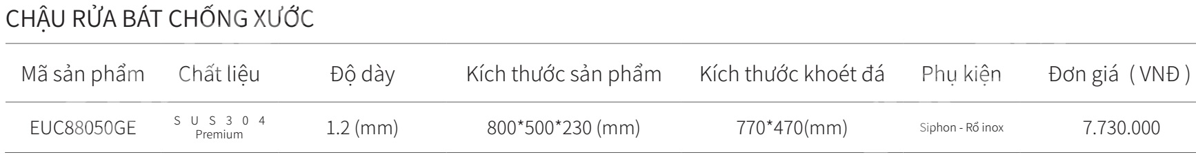 Chậu rửa bát 1 hộc inox SUS304 EUROGOLD EUC88050GE