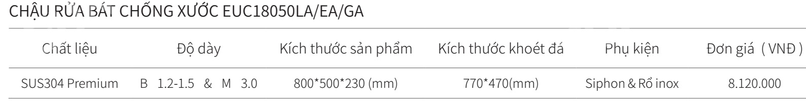 Chậu rửa bát 1 hộc inox SUS304 EUROGOLD EUC18050LA/EA/GA EUC18050LA EUC18050EA EUC18050GA