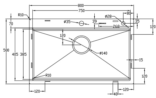 Chậu rửa bát 1 hộc inox SUS304 EUROGOLD EUC18050LA/EA/GA EUC18050LA EUC18050EA EUC18050GA