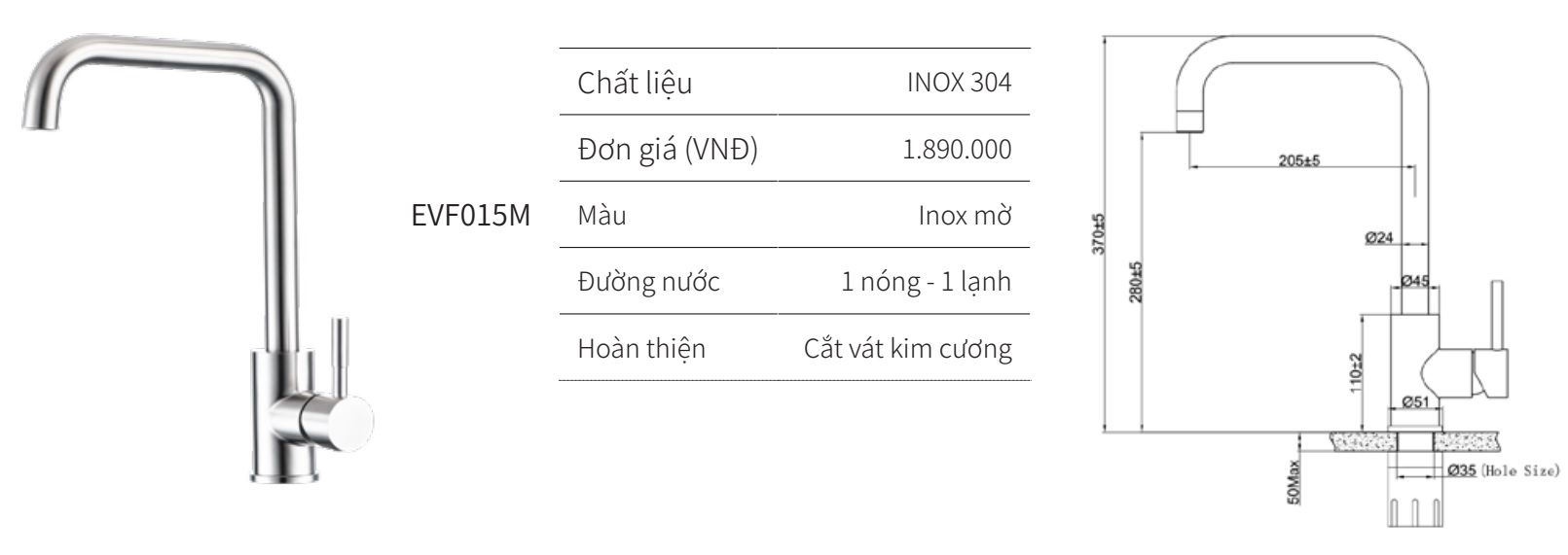 V&ograve;i rửa ch&eacute;n n&oacute;ng lạnh EUROGOLD EVF015M