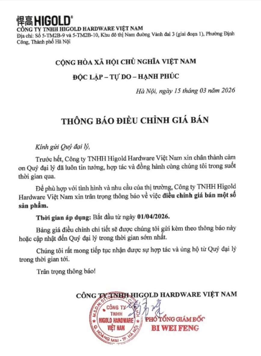 Thông báo điều chỉnh giá bán Higold từ ngày 1/4/2026