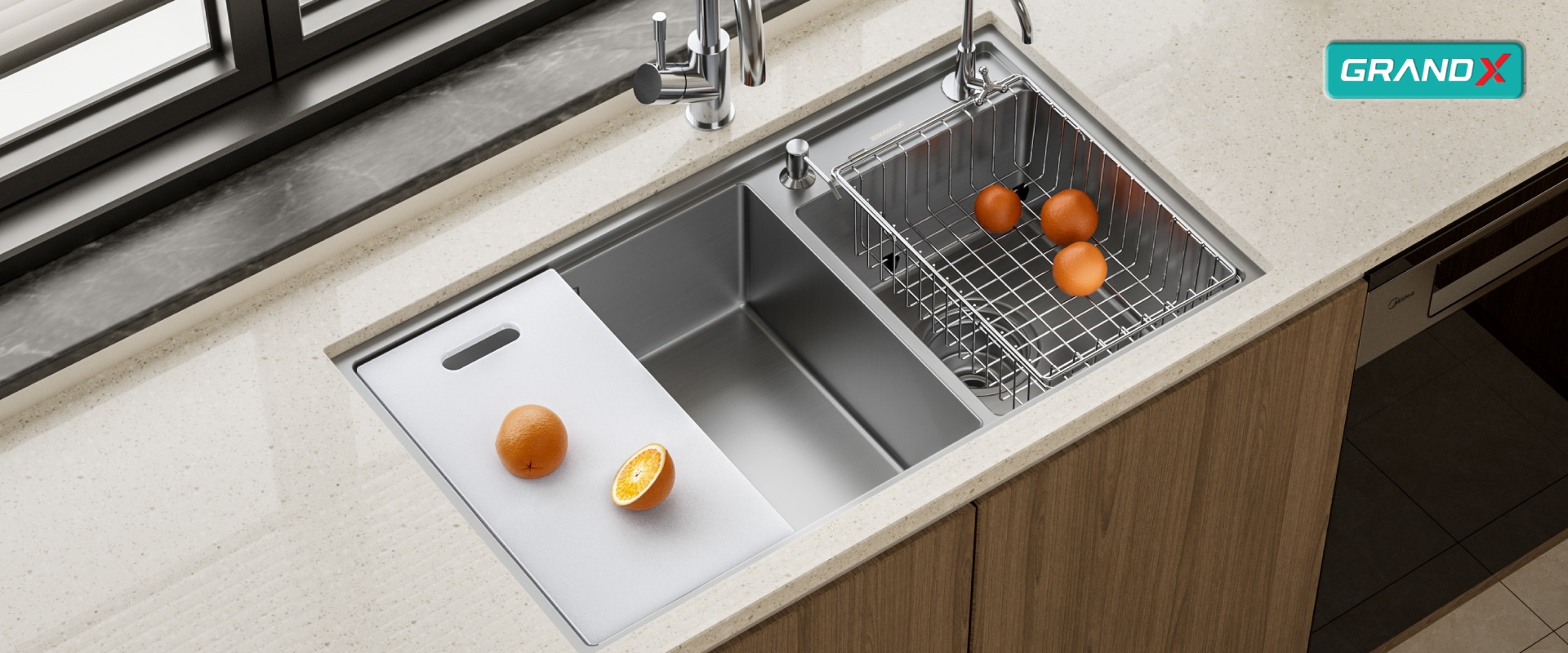 Chậu rửa b&aacute;t 2 hộc inox SUS304 Grand X GX8648DS Smooth