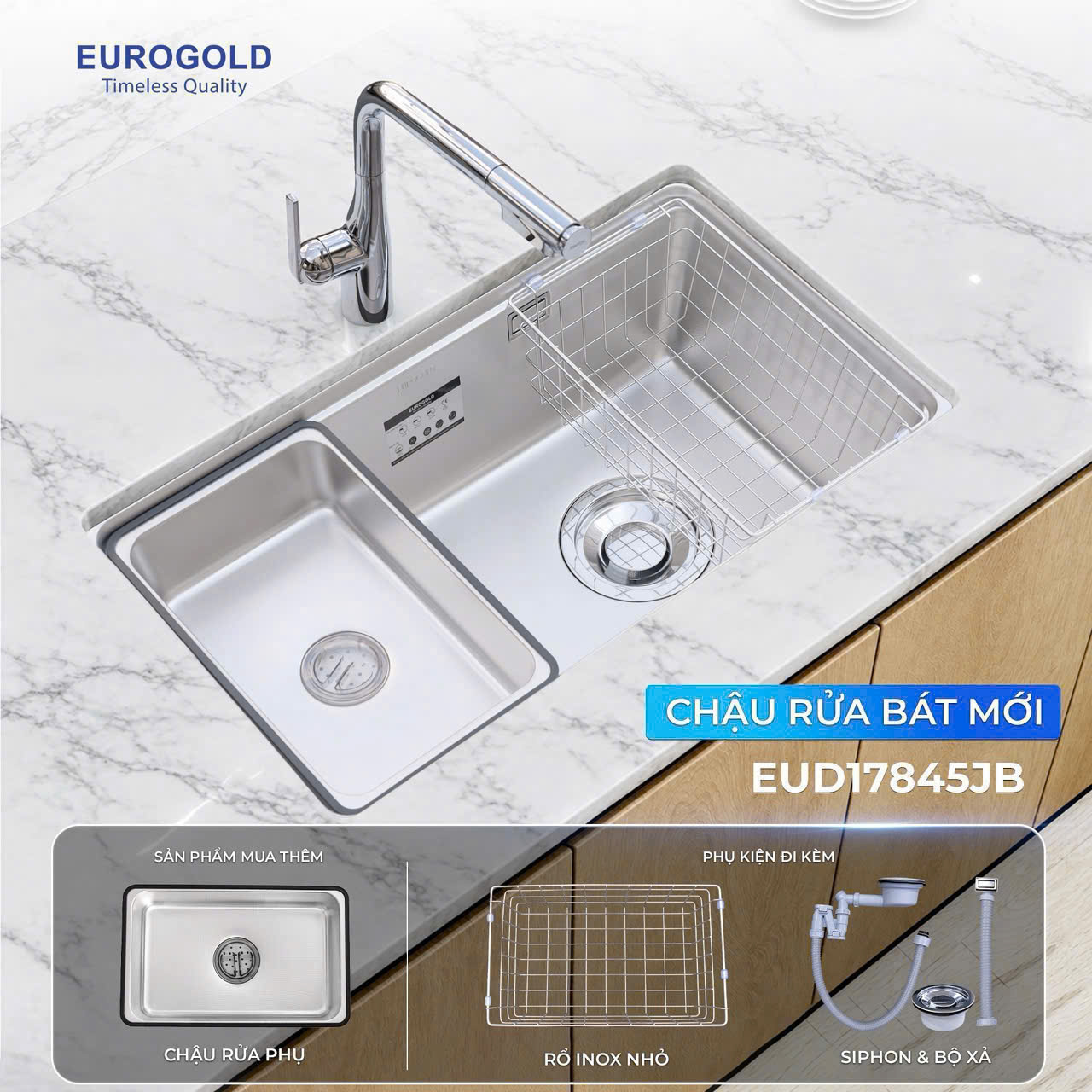Chậu rửa bát 1 hộc inox SUS304 EUROGOLD EUD17845JB