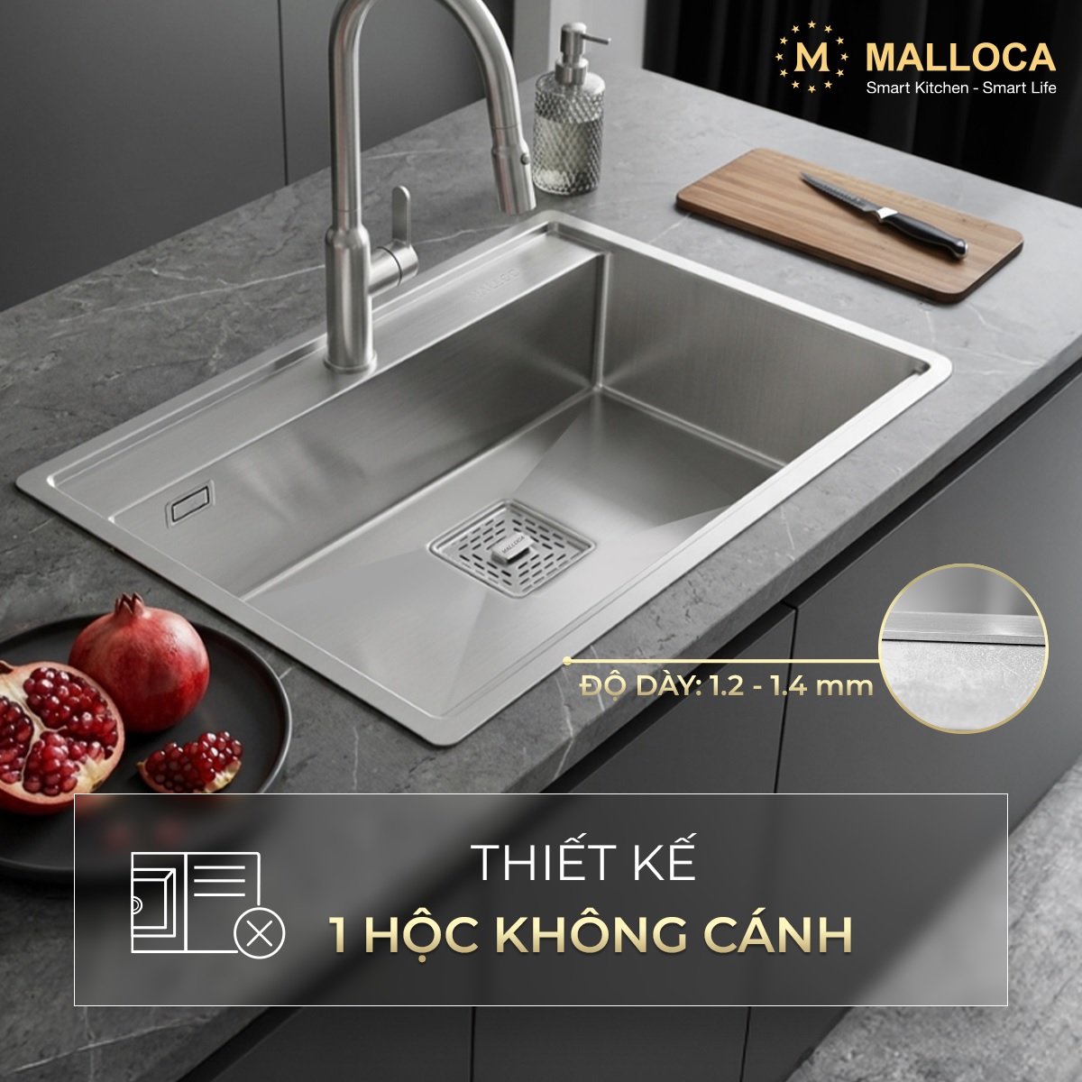 Chậu rửa chén 1 hố Inox 304 kích thước 75cm Malloca MS6302ST