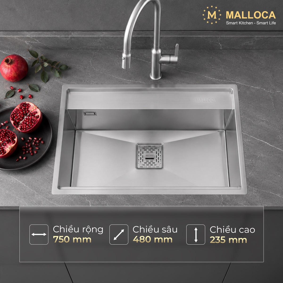 Chậu rửa chén 1 hố Inox 304 kích thước 75cm Malloca MS6302ST