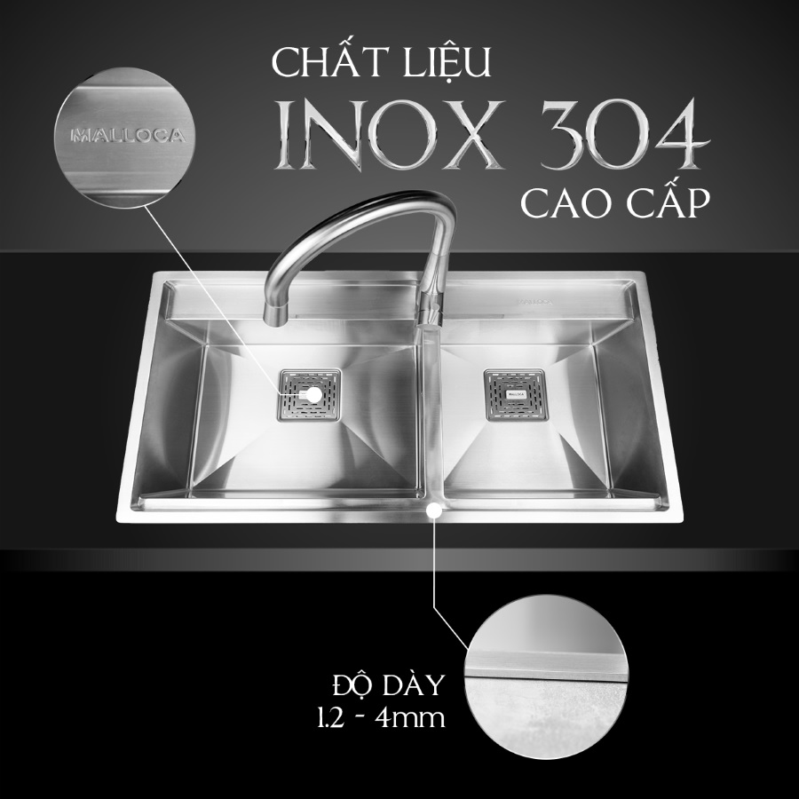 Chậu rửa chén 2 hố Inox 304 kích thước 86cm Malloca MS6304ST