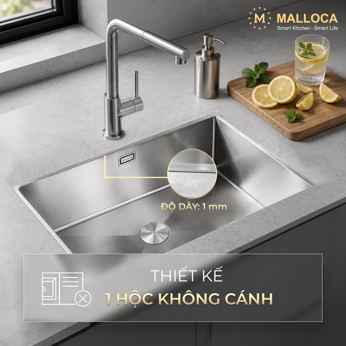Chậu rửa chén 1 hố Inox 304 kích thước 70cm Malloca MS6070