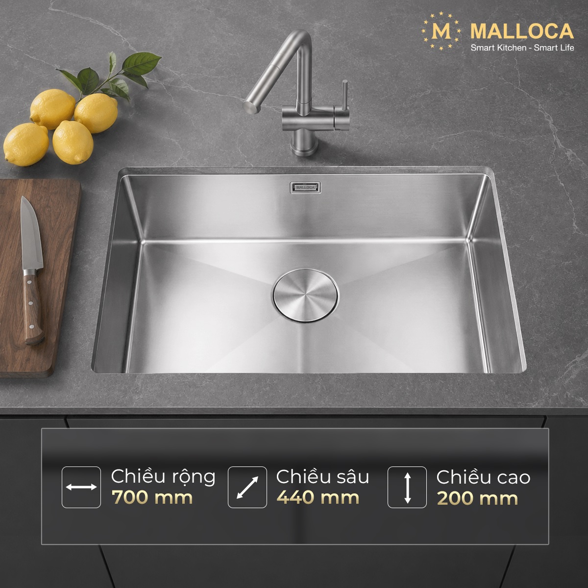Chậu rửa chén 1 hố Inox 304 kích thước 70cm Malloca MS6070