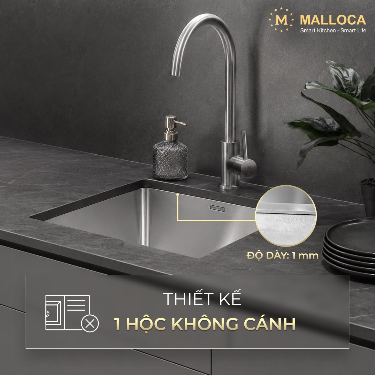 Chậu rửa chén 1 hố Inox 304 kích thước 44cm Malloca MS6044