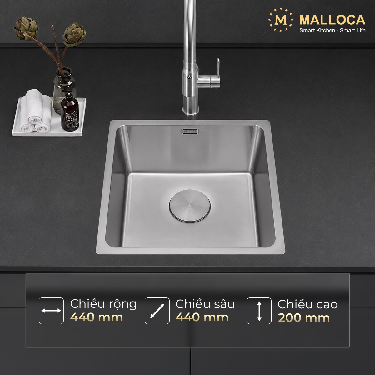 Chậu rửa chén 1 hố Inox 304 kích thước 44cm Malloca MS6044