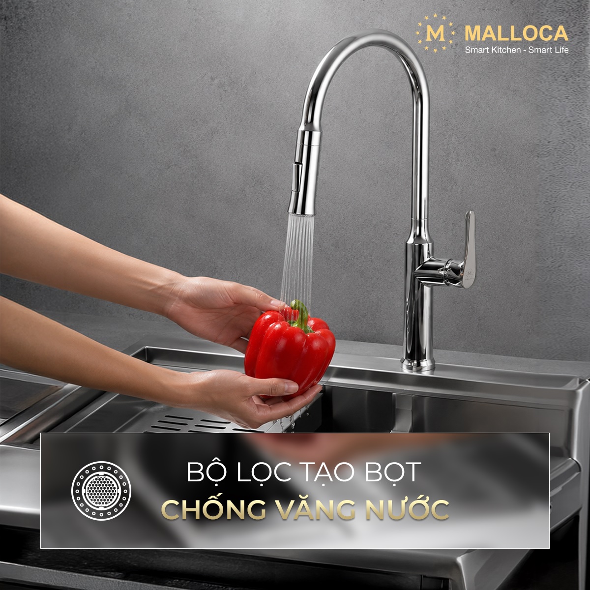 Vòi rửa chén nóng lạnh dây rút đồng thau Chrome Malloca K94C