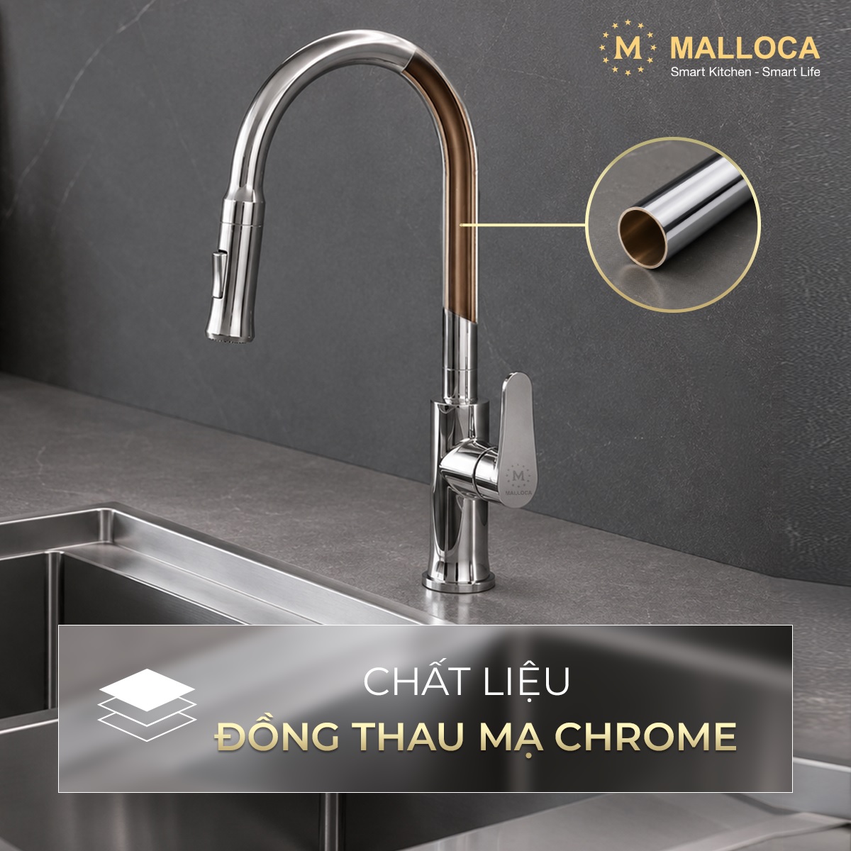 Vòi rửa chén nóng lạnh dây rút đồng thau Chrome Malloca K94C