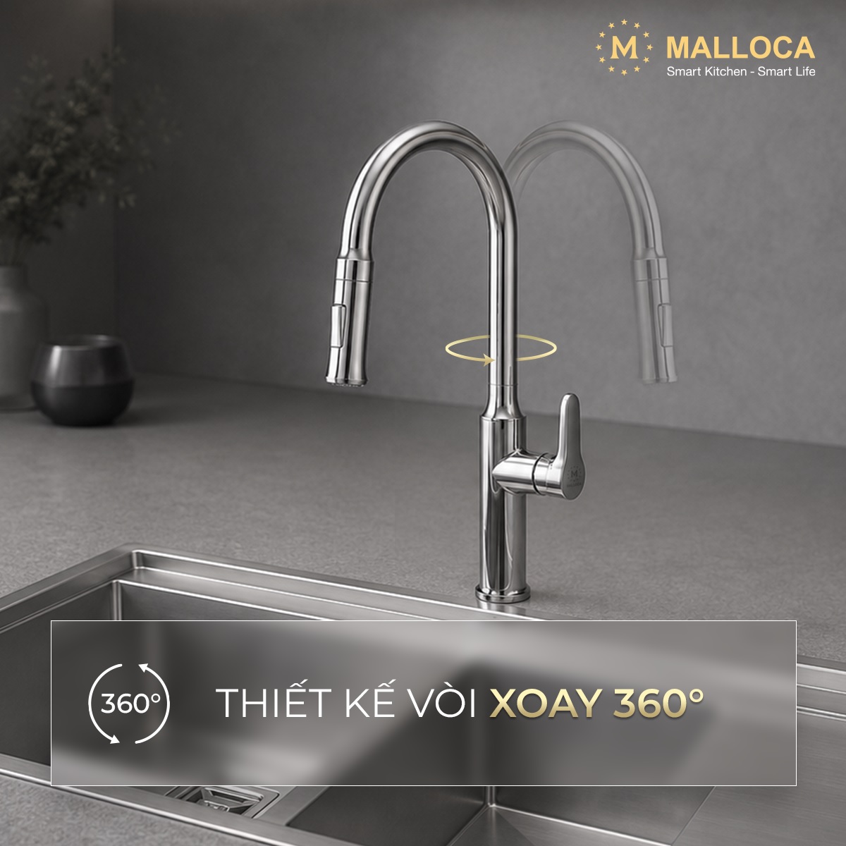 Vòi rửa chén nóng lạnh dây rút đồng thau Chrome Malloca K94C