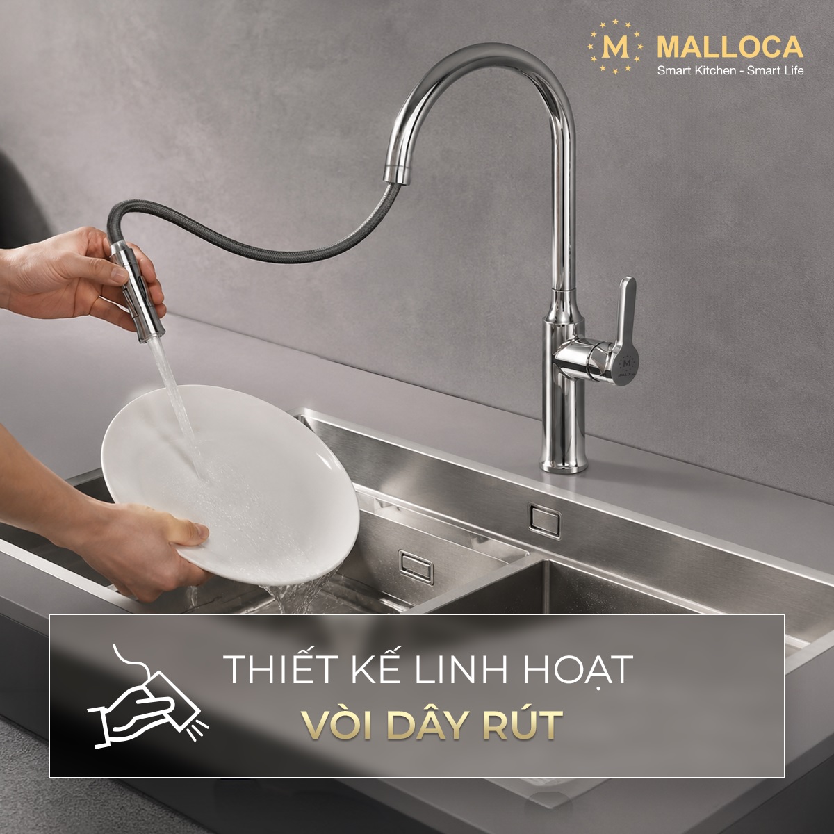 Vòi rửa chén nóng lạnh dây rút đồng thau Chrome Malloca K94C