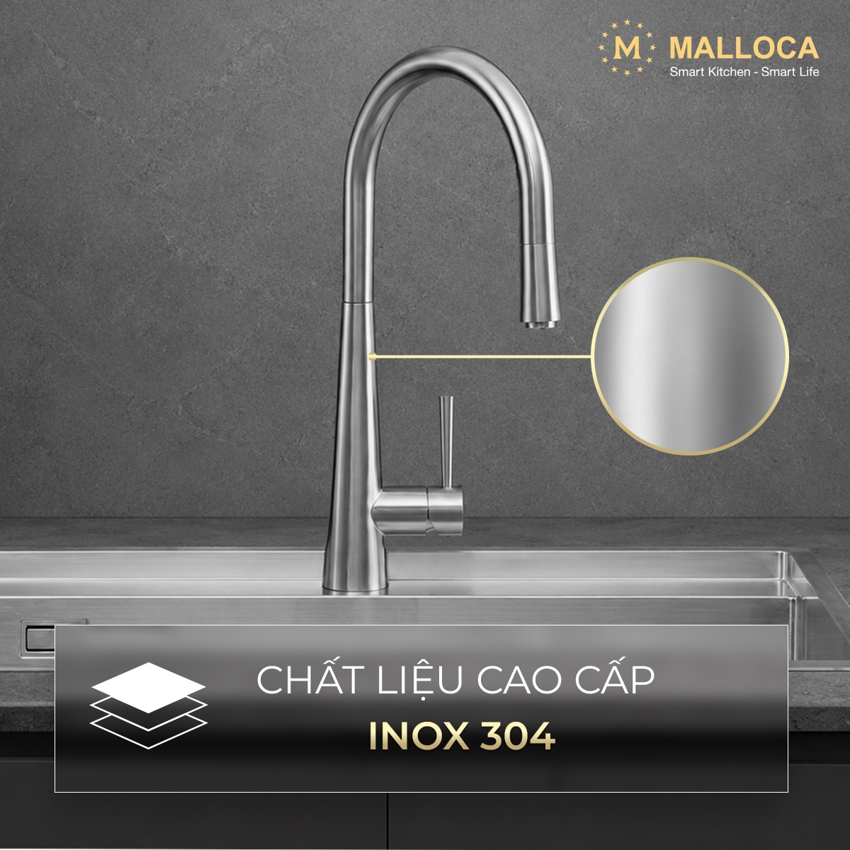 Vòi rửa chén nóng lạnh dây rút Inox 304 Malloca K095SS