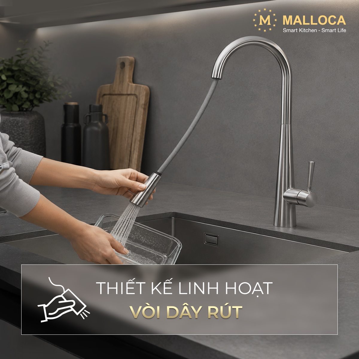 Vòi rửa chén nóng lạnh dây rút Inox 304 Malloca K095SS