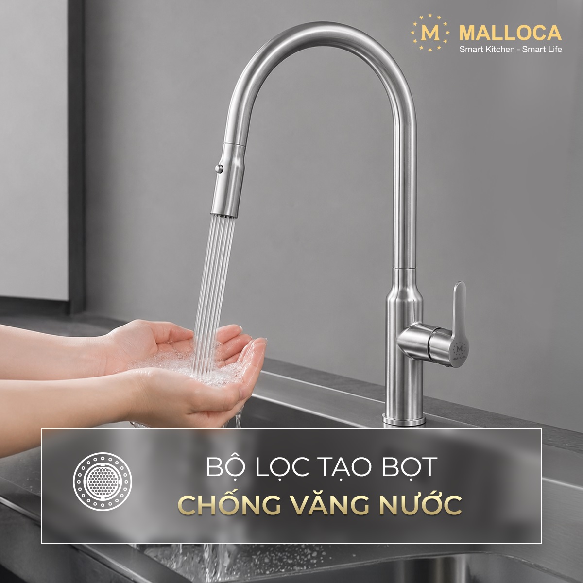 Vòi rửa chén nóng lạnh dây rút Inox 304 Malloca K046SS