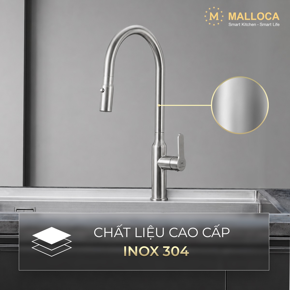 Vòi rửa chén nóng lạnh dây rút Inox 304 Malloca K046SS
